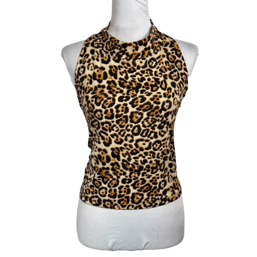 Y2K Leopard Print High Neck Knit Crop Top Size XL Stand Collar‎ Sleeveless VTG